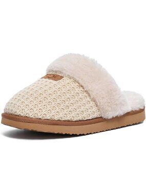 Women Cream Faux Leather Soft Warm Fuzzy Slipper Shoes for Indoor